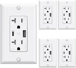 USB Wall Outlets, 20 Amp USB C Wall Outlets Receptacles, Outlets with USB A and USB C Ports, Tamper Resistant Receptacle, Wall Plate Included, UL Listed, 5 Pack, White USB Wall Outlets, 20 Amp USB C Wall Outlets Receptacles, Outlets with USB A and USB C Ports, Tamper Resistant Receptacle, Wall Plate Included, UL Listed, 5 Pack, White