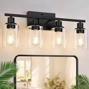 4-Light Bathroom Light Fixtures, Matte Black Modern Vanity Lights with Clear Glass Shades, Bathroom Wall Lamp for Mirror Living Room Cabinet Bedroom Porch 4-Light Bathroom Light Fixtures, Matte Black Modern Vanity Lights with Clear Glass Shades, Bathroom Wall Lamp for Mirror Living Room Cabinet Bedroom Porch