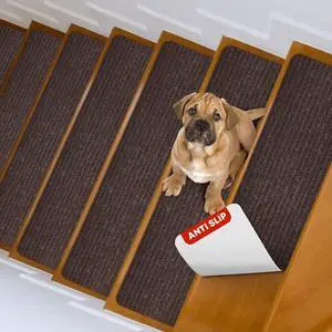 Carpet Stair Treads for Wooden Steps, 15 Pack, 8" x 30", Brown Stripe | Four-layer polyester carpet with PP grid base, nonwoven cushion and TPR adhesive backing adds indoor traction and comfort Carpet Stair Treads for Wooden Steps, 15 Pack, 8" x 30", Brown Stripe | Four-layer polyester carpet with PP grid base, nonwoven cushion and TPR adhesive backing adds indoor traction and comfort