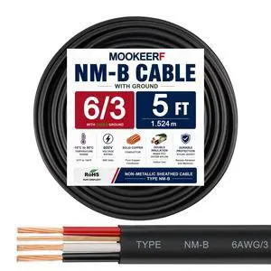6/3 Wire with Ground - 5FT NM-B 6 Gauge Non-Metallic Sheathed Cable 100% Pure Copper 6 AWG 3 Conductor Residential Indoor Wire for Outlets, Switches, Other Loads and Lighting Wiring Projects etc 6/3 Wire with Ground - 5FT NM-B 6 Gauge Non-Metallic Sheathed Cable 100% Pure Copper 6 AWG 3 Conductor Residential Indoor Wire for Outlets, Switches, Other Loads and Lighting Wiring Projects etc