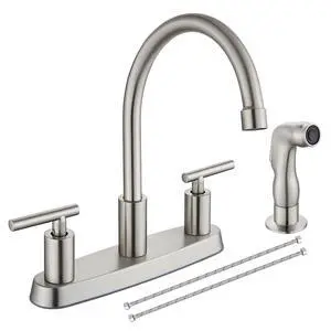 Kitchen Faucet with Side Sprayer, 2-Handle 4 Hole, Brushed Nickel | Lead-Free Modern 8-Inch Centerset Kitchen Sink Faucet, High-Arc 360° Swivel Spout, 1.8 GPM, SUS304 Stainless Steel Kitchen Faucet with Side Sprayer, 2-Handle 4 Hole, Brushed Nickel | Lead-Free Modern 8-Inch Centerset Kitchen Sink Faucet, High-Arc 360° Swivel Spout, 1.8 GPM, SUS304 Stainless Steel
