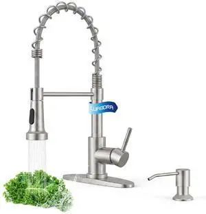Pull-Down Kitchen Faucet with Soap Dispenser, Brushed Nickel | High-Arc Spring Design, 2 Spray Modes, SUS304 Body, Single-Handle Control, and Deck Plate for 1- or 3-Hole Sinks Pull-Down Kitchen Faucet with Soap Dispenser, Brushed Nickel | High-Arc Spring Design, 2 Spray Modes, SUS304 Body, Single-Handle Control, and Deck Plate for 1- or 3-Hole Sinks