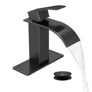 Waterfall Single Handle Bathroom Sink Faucet with Drain Black | Matte Black Vanity Faucet with Pop-up Drain, Ceramic Valve, for 1 or 3 Hole Modern Bathrooms Waterfall Single Handle Bathroom Sink Faucet with Drain Black | Matte Black Vanity Faucet with Pop-up Drain, Ceramic Valve, for 1 or 3 Hole Modern Bathrooms