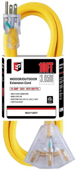 10 Ft Outdoor Extension Cord,12/3 SJTW,3 Electrical Power Outlets,Yellow | 12 Gauge Heavy Duty Lighted Power Cord 15A 125V 1875W,3 Outlet,WeatherproofETL Listed 10 Ft Outdoor Extension Cord,12/3 SJTW,3 Electrical Power Outlets,Yellow | 12 Gauge Heavy Duty Lighted Power Cord 15A 125V 1875W,3 Outlet,WeatherproofETL Listed