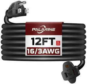 12 Ft Black Outdoor Extension Cord, 16 Gauge Heavy Duty Power Cord | 16/3 SJTW Cable, 3 Prong Grounded Plug, 13A Rated, Flexible Outdoor Use, Ideal for Garage, Garden and Appliances 12 Ft Black Outdoor Extension Cord, 16 Gauge Heavy Duty Power Cord | 16/3 SJTW Cable, 3 Prong Grounded Plug, 13A Rated, Flexible Outdoor Use, Ideal for Garage, Garden and Appliances