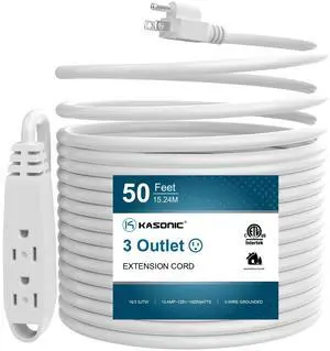50 FT 3 Outlet Extension Cord, 16/3 SJTW Grounded Cord, White 50 FT 3 Outlet Extension Cord, 16/3 SJTW Grounded Cord, White