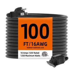 Indoor Outdoor Extension Cord Waterproof, 100 Feet 3 Prong Power Cord for Home and Garden, 16 AWG, 10A/1250W, ETL Listed Indoor Outdoor Extension Cord Waterproof, 100 Feet 3 Prong Power Cord for Home and Garden, 16 AWG, 10A/1250W, ETL Listed
