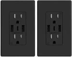 USB Wall Outlets, 3-Ports Type C Wall Outlets Receptacles, Matte Black 15 Amp Outlets with 3 Ports, TR Tamper-Resistant Outlets, Screwless Wall Plate Included, UL & CUL Listed, 2 Pack USB Wall Outlets, 3-Ports Type C Wall Outlets Receptacles, Matte Black 15 Amp Outlets with 3 Ports, TR Tamper-Resistant Outlets, Screwless Wall Plate Included, UL & CUL Listed, 2 Pack