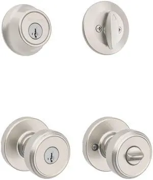 Maven Front Door Lock Handle and Deadbolt Set, Entry Handleset Round Exterior with Interior Door Knob, Secure Locking Deadbolt, Satin Nickel, with Microban Protection Maven Front Door Lock Handle and Deadbolt Set, Entry Handleset Round Exterior with Interior Door Knob, Secure Locking Deadbolt, Satin Nickel, with Microban Protection