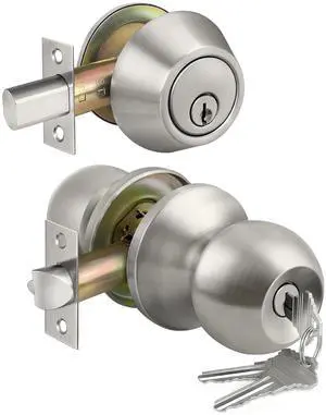 Keyed Same Exterior Door Knob and Single Cylinder Deadbolt Combo Set, Keyed Alike Entry Door Knobs with Lock and Keys for Entrance and Front Door, Satin Nickel Keyed Same Exterior Door Knob and Single Cylinder Deadbolt Combo Set, Keyed Alike Entry Door Knobs with Lock and Keys for Entrance and Front Door, Satin Nickel