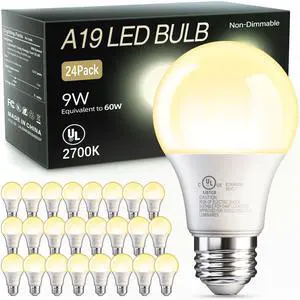 24 Pack A19 LED Light Bulbs Soft Warm White 2700K, 60 Watt Equivalent | 9W Non-Dimmable E26 Base Energy Saving Warm Light Lamp Bulb, 800LM 120V, for Home, Bedroom, Living Room 24 Pack A19 LED Light Bulbs Soft Warm White 2700K, 60 Watt Equivalent | 9W Non-Dimmable E26 Base Energy Saving Warm Light Lamp Bulb, 800LM 120V, for Home, Bedroom, Living Room