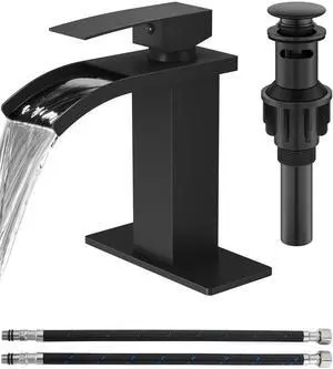 Matte Black Waterfall Bathroom Faucet 1-Handle Vanity Faucet | Stainless Steel Modern Bathroom Sink Faucet,Pop-Up Drain, Supply Lines 6-in Deck Plate, 1- or 3-Hole, NSF Certified Matte Black Waterfall Bathroom Faucet 1-Handle Vanity Faucet | Stainless Steel Modern Bathroom Sink Faucet,Pop-Up Drain, Supply Lines 6-in Deck Plate, 1- or 3-Hole, NSF Certified