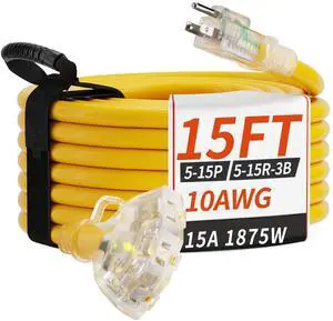 15 FT 10 Gauge Outdoor Extension Cord with Multiple Outlets Yellow | Light Indicator, Flexible 3 Outlet Weatherproof Heavy Duty Extension Cord Waterproof 15 Feet, 15A 1875W SJTW, ETL Listed 15 FT 10 Gauge Outdoor Extension Cord with Multiple Outlets Yellow | Light Indicator, Flexible 3 Outlet Weatherproof Heavy Duty Extension Cord Waterproof 15 Feet, 15A 1875W SJTW, ETL Listed