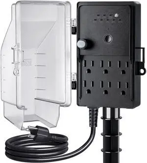 Outdoor Power Stake Waterproof Light Timer Dusk to Dawn 6 Outlets | Outdoor Power Strip Weatherproof Outlets, 6 ft Extension Cord for Patio Lights, Sprinkler, Garden, Christmas Decor Outdoor Power Stake Waterproof Light Timer Dusk to Dawn 6 Outlets | Outdoor Power Strip Weatherproof Outlets, 6 ft Extension Cord for Patio Lights, Sprinkler, Garden, Christmas Decor