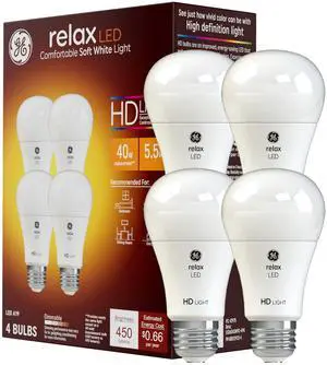 Relax LED Light Bulbs, 40 Watt, Soft White, A19 (4 Pack) | Energy-saving LED, 40W replacement, warm soft white glow, A19 base, bedroom & living room, long-lasting, 4 bulbs included Relax LED Light Bulbs, 40 Watt, Soft White, A19 (4 Pack) | Energy-saving LED, 40W replacement, warm soft white glow, A19 base, bedroom & living room, long-lasting, 4 bulbs included