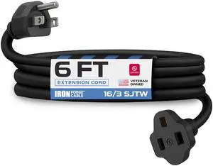 16 Gauge Heavy Duty Black Extension Cord, 6 Ft - SJTW | 16/3 SJTW Cable, 3 Prong Grounded Plug, 13 Amp - For Landscaping, Leaf Blowers, Lights, Appliances 16 Gauge Heavy Duty Black Extension Cord, 6 Ft - SJTW | 16/3 SJTW Cable, 3 Prong Grounded Plug, 13 Amp - For Landscaping, Leaf Blowers, Lights, Appliances