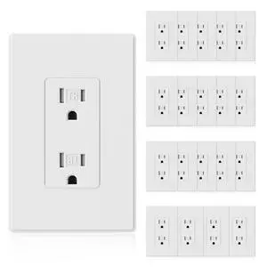 Matte White Decorator Wall Receptacle Outlets, Tamper Resistant 15 Amp Standard Electrical Wall Outlet, Residential Grade, Self-grounding, 125V, Mid Size Wall Plate Included, UL Listed, 20 Pack Matte White Decorator Wall Receptacle Outlets, Tamper Resistant 15 Amp Standard Electrical Wall Outlet, Residential Grade, Self-grounding, 125V, Mid Size Wall Plate Included, UL Listed, 20 Pack