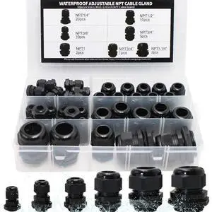 Cord Grip NPT Cable Glands Kit for Electrical Waterproof Box | Black 50pcs, 1/4 3/8 1/2 3/4 1 1-1/4, Waterproof Nylon Strain Relief Connector, Junction Case Connector With Gaskets Cord Grip NPT Cable Glands Kit for Electrical Waterproof Box | Black 50pcs, 1/4 3/8 1/2 3/4 1 1-1/4, Waterproof Nylon Strain Relief Connector, Junction Case Connector With Gaskets