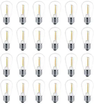 24 Pack LED S14 Replacement Light Bulbs, Shatterproof Outdoor 1 Watt to Replace 11Watts String Incandescent Bulb, E26 Regular Medium Screw Base, 2200K Warm White, Non-Dimmable 24 Pack LED S14 Replacement Light Bulbs, Shatterproof Outdoor 1 Watt to Replace 11Watts String Incandescent Bulb, E26 Regular Medium Screw Base, 2200K Warm White, Non-Dimmable
