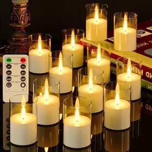 12Pack Flameless LED Candles, Remote & Timer, Battery Powered, Clear, 2"x3" | Small Pillar & Votive Candle with Realistic Flickering Warm Glow for Centerpieces, Wedding Tables, Holiday, and Home Decor 12Pack Flameless LED Candles, Remote & Timer, Battery Powered, Clear, 2"x3" | Small Pillar & Votive Candle with Realistic Flickering Warm Glow for Centerpieces, Wedding Tables, Holiday, and Home Decor