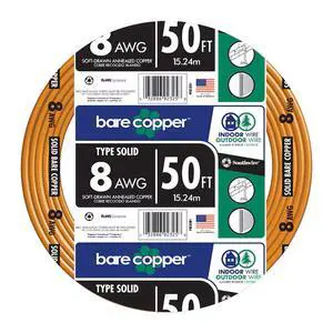 8-Gauge Bare Copper Wire Solid SoftDrawn Uninsulated Copper Conductor for Grounding & Electrical Applications, 50ft 8-Gauge Bare Copper Wire Solid SoftDrawn Uninsulated Copper Conductor for Grounding & Electrical Applications, 50ft