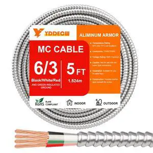 5FT 6/3 Metal Clad (MC) Cable with Ground, 6 Gauge Electric Wire with Aluminum Armor, Solid Bare Copper Conductors for Indoor Outdoor Underground Embedded Installation (6/3, 5 ft) 5FT 6/3 Metal Clad (MC) Cable with Ground, 6 Gauge Electric Wire with Aluminum Armor, Solid Bare Copper Conductors for Indoor Outdoor Underground Embedded Installation (6/3, 5 ft)