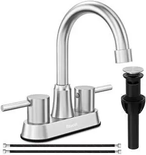 Bathroom Faucets, Bathroom Faucet 3 Hole, Bathroom Sink Faucet, Faucet for Sink 4 Inch 2 Handle Centerset, Lead-Free, with Copper Pop Up Drain (Brushed Nickel) Bathroom Faucets, Bathroom Faucet 3 Hole, Bathroom Sink Faucet, Faucet for Sink 4 Inch 2 Handle Centerset, Lead-Free, with Copper Pop Up Drain (Brushed Nickel)