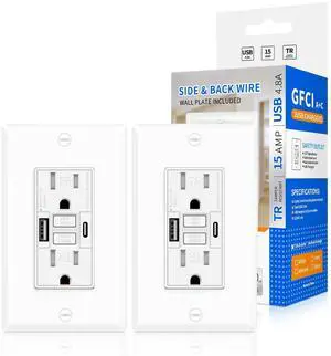 15A GFCI Outlet with USB C&A, Self-Test TR ETL Listed White 2 Pack | Tamper-Resistant GFCI Receptacle with 24W USB-C & USB-A Charging, Decorator Wall Outlet for Kitchen Bathroom Garage Laundry 15A GFCI Outlet with USB C&A, Self-Test TR ETL Listed White 2 Pack | Tamper-Resistant GFCI Receptacle with 24W USB-C & USB-A Charging, Decorator Wall Outlet for Kitchen Bathroom Garage Laundry