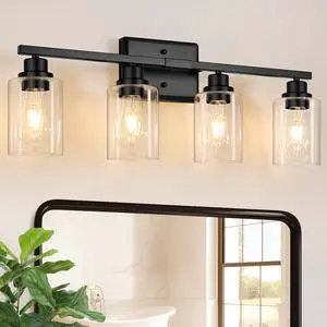 Modern Bathroom Light Fixtures, 4 Light Vanity Lights Over Mirror, Black Wall Lamp with Clear Glass for Living Room Cabinet Bedroom Porch Modern Bathroom Light Fixtures, 4 Light Vanity Lights Over Mirror, Black Wall Lamp with Clear Glass for Living Room Cabinet Bedroom Porch