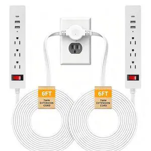 12 FT Twin Extension Cord, Split Extension Cord with Flat Plug | One-button switch, 6 outlets and 6 USB ports - double power strip for use behind beds, couches, nightstands and vanities 12 FT Twin Extension Cord, Split Extension Cord with Flat Plug | One-button switch, 6 outlets and 6 USB ports - double power strip for use behind beds, couches, nightstands and vanities