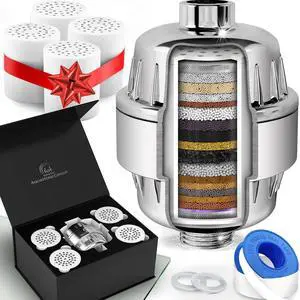 20 Stage Shower Filter with Vitamin C E and A - Reduces Chlorine, Heavy Metals and Sediment - 5 Cartridges Included - High Pressure - Universal Fit 20 Stage Shower Filter with Vitamin C E and A - Reduces Chlorine, Heavy Metals and Sediment - 5 Cartridges Included - High Pressure - Universal Fit