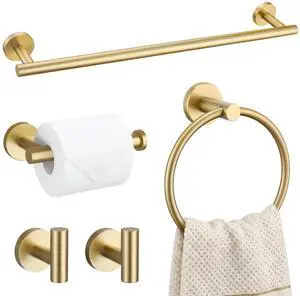 Brushed Gold 5 Piece Bathroom Hardware Set, SUS304 Stainless Steel 24 Inch Bath Towel Bar Set, Round Bathroom Accessories Kit Wall Mounted Brushed Gold 5 Piece Bathroom Hardware Set, SUS304 Stainless Steel 24 Inch Bath Towel Bar Set, Round Bathroom Accessories Kit Wall Mounted
