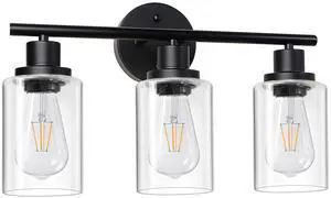 Modern Bathroom Light Fixtures, 3 Light Vanity Lights, Black Wall Lamp with Clear Glass for Bathroom, Mirror, Living Room, Bedroom, Hallway, E26 Base Modern Bathroom Light Fixtures, 3 Light Vanity Lights, Black Wall Lamp with Clear Glass for Bathroom, Mirror, Living Room, Bedroom, Hallway, E26 Base