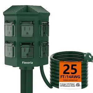 Outdoor Power Strip Waterproof, 25 FT Heavy Duty Extension Cord, 6 Grounded Outlets for Graden and Yard Decorations, 15A/1875W, ETL Listed Outdoor Power Strip Waterproof, 25 FT Heavy Duty Extension Cord, 6 Grounded Outlets for Graden and Yard Decorations, 15A/1875W, ETL Listed