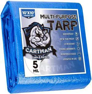 10x10Ft Multipurpose Waterproof Poly Tarp Cover 5 Mil, Blue | Reinforced edges, metal grommets every 36in, 8x8 weave; great for moving, temporary shelter and short-term outdoor coverage 10x10Ft Multipurpose Waterproof Poly Tarp Cover 5 Mil, Blue | Reinforced edges, metal grommets every 36in, 8x8 weave; great for moving, temporary shelter and short-term outdoor coverage