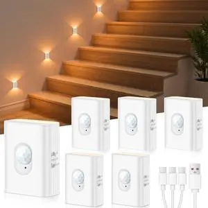 Rechargeable Motion Sensor Stair Lights Indoor, Warm White Magnetic Stick-on Battery Powered Night Lights for Stairway, Hallway, Bedroom, Closet, 6 Pack Rechargeable Motion Sensor Stair Lights Indoor, Warm White Magnetic Stick-on Battery Powered Night Lights for Stairway, Hallway, Bedroom, Closet, 6 Pack
