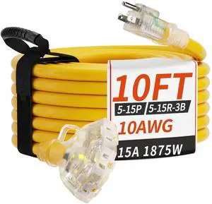 10 FT 10 Gauge Outdoor Extension Cord with Multiple Outlets Yellow | Light Indicator, Flexible 3 Outlet Weatherproof Heavy Duty Extension Cord Waterproof 10 Feet, 15A 1875W SJTW, ETL Listed 10 FT 10 Gauge Outdoor Extension Cord with Multiple Outlets Yellow | Light Indicator, Flexible 3 Outlet Weatherproof Heavy Duty Extension Cord Waterproof 10 Feet, 15A 1875W SJTW, ETL Listed