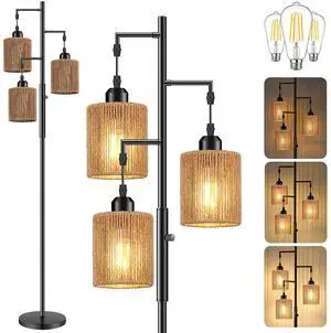 72" Boho Rattan Tree Floor Lamp, Tall Dimmable Industrial Standing Lamp, Corner Decor Accent Lighting for Living Room, Bedroom, Dining Room, Nursery, Cafe (3 x 800LM Bulbs Included) - Black 72" Boho Rattan Tree Floor Lamp, Tall Dimmable Industrial Standing Lamp, Corner Decor Accent Lighting for Living Room, Bedroom, Dining Room, Nursery, Cafe (3 x 800LM Bulbs Included) - Black