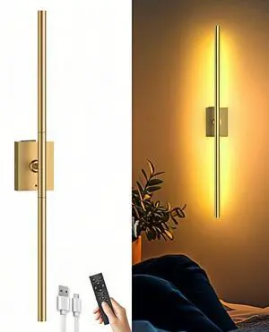 1 Pack Battery Operated Wall Sconce, Gold Wireless | Remote Control, LED Rechargeable Sconces, 31.5 Inch, Modern Cordless Wall Lights for Bedroom Living Room Picture 1 Pack Battery Operated Wall Sconce, Gold Wireless | Remote Control, LED Rechargeable Sconces, 31.5 Inch, Modern Cordless Wall Lights for Bedroom Living Room Picture