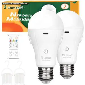 MagicGlow Rechargeable Light Bulbs with Remote, 3 Colors Shift + Dimmable Battery Powered Light Bulbs, USB Rechargeable, A19 Standard Emergency LED Light Bulbs, 15W, Up to 24 Hours, 2 Pack MagicGlow Rechargeable Light Bulbs with Remote, 3 Colors Shift + Dimmable Battery Powered Light Bulbs, USB Rechargeable, A19 Standard Emergency LED Light Bulbs, 15W, Up to 24 Hours, 2 Pack