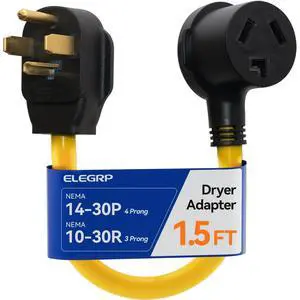 1.5FT Dryer Adapter Cord, NEMA 14-30P to 10-30R, 4 Prong New House to 3 Prong Old Dryer, 30 Amp/250V/7500W, Heavy Duty 10-AWG STW, 180° Rotating Plug, UL Standard Compliant 1.5FT Dryer Adapter Cord, NEMA 14-30P to 10-30R, 4 Prong New House to 3 Prong Old Dryer, 30 Amp/250V/7500W, Heavy Duty 10-AWG STW, 180° Rotating Plug, UL Standard Compliant