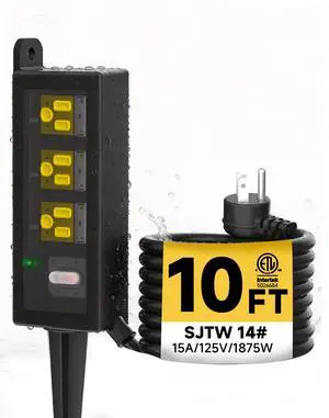 Outdoor Extension Cord, 3 Wide Outlets, 1875W/15A, 10FT 14AWG Heavy Duty SJTW Power Strip with Surge Protector, All-Weather & IP66 Fully Waterproof, Ideal for Patio, Garden, Pool, RV, Black Outdoor Extension Cord, 3 Wide Outlets, 1875W/15A, 10FT 14AWG Heavy Duty SJTW Power Strip with Surge Protector, All-Weather & IP66 Fully Waterproof, Ideal for Patio, Garden, Pool, RV, Black