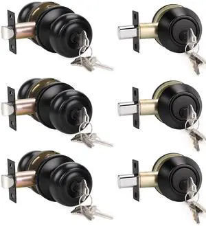 3 Pack Keyed Alike Entry Door Knobs and Single Cylinder Deadbolt Lock Combo Set Security for Exterior and Front Door, Keyed Entry Door Locksets with Deadbolt, Matte Black Finish 3 Pack Keyed Alike Entry Door Knobs and Single Cylinder Deadbolt Lock Combo Set Security for Exterior and Front Door, Keyed Entry Door Locksets with Deadbolt, Matte Black Finish