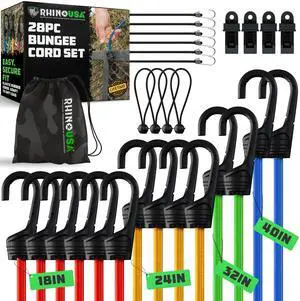 Bungee Cords with Hooks (28-Piece) - Heavy Duty Outdoor Assorted | Assorted Sizes Short to Long. Color Coded. 4 Tarp Clips, Ball Bungees & Drawstring Bag. UV & Weather Resistant Bungee Cords with Hooks (28-Piece) - Heavy Duty Outdoor Assorted | Assorted Sizes Short to Long. Color Coded. 4 Tarp Clips, Ball Bungees & Drawstring Bag. UV & Weather Resistant