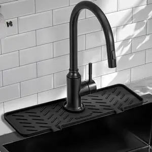 Silicone Faucet Mat for Kitchen Sink Gen 2 Splash Guard with Upgraded Outlet & Slope 18 x 5.1 Water Catcher & Sink Sponge Holder for Kitchen and Bathroom (Black) Silicone Faucet Mat for Kitchen Sink Gen 2 Splash Guard with Upgraded Outlet & Slope 18 x 5.1 Water Catcher & Sink Sponge Holder for Kitchen and Bathroom (Black)