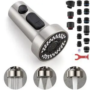 Pull Down Spray Head Replacement - for Kitchen Faucet Sprayer Head with 15 Adapters, 3 Function Pull Out Faucet Spray Nozzle, Brushed Nickel Pull Down Spray Head Replacement - for Kitchen Faucet Sprayer Head with 15 Adapters, 3 Function Pull Out Faucet Spray Nozzle, Brushed Nickel