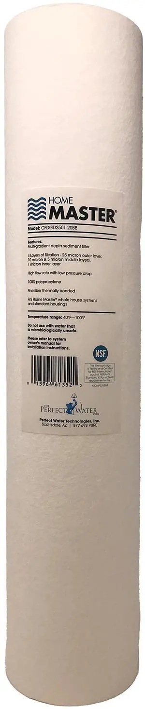 CFDGD2501-20BB Replacement Whole House Sediment Filter, 4-layers 25 to 1 Micron Nominal, High-flow 20gpm, Fits Big Blue, 20" x 4.5" CFDGD2501-20BB Replacement Whole House Sediment Filter, 4-layers 25 to 1 Micron Nominal, High-flow 20gpm, Fits Big Blue, 20" x 4.5"