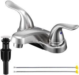 Bathroom Sink Faucets 2/3 Hole,Brushed Nickel Dual Handles 4 inch Plastic Plating Over Bathroom Faucet with Pop-up Drain and 2 Supply Hoses for Apartment Rvs Sink Vanity Bathroom Sink Faucets 2/3 Hole,Brushed Nickel Dual Handles 4 inch Plastic Plating Over Bathroom Faucet with Pop-up Drain and 2 Supply Hoses for Apartment Rvs Sink Vanity