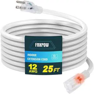 Indoor Outdoor Extension Cord, 12 Gauge 3 Prong Weatherproof Heavy Duty White Extension Cord with Lighted Indicator EndSJTW 15A 25FT Extension Cable for Garage, Garden and Home, UL Listed Indoor Outdoor Extension Cord, 12 Gauge 3 Prong Weatherproof Heavy Duty White Extension Cord with Lighted Indicator EndSJTW 15A 25FT Extension Cable for Garage, Garden and Home, UL Listed