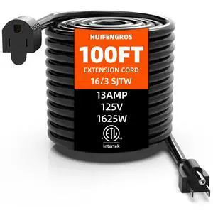 100 FT Outdoor Extension Cord | Black Extension Cord Waterproof, 16 Gauge 13Amps 125V, SJTW, ETL Listed, Indoor/Outdoor Use 100 FT Outdoor Extension Cord | Black Extension Cord Waterproof, 16 Gauge 13Amps 125V, SJTW, ETL Listed, Indoor/Outdoor Use